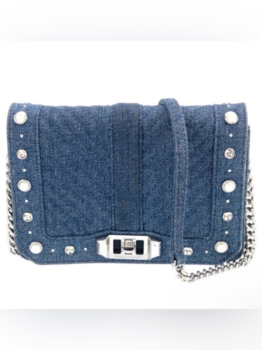 Rebecca Minkoff Edie Studded Pearl Denim Crossbody Bling Chain Bag RARE Like New